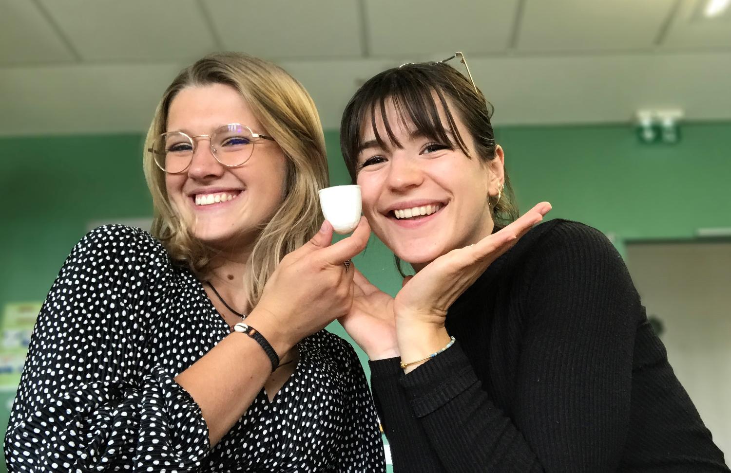 Auxane Caseiro and Charlyne Kerjean with their invention Tuli, an innovative menstrual cup